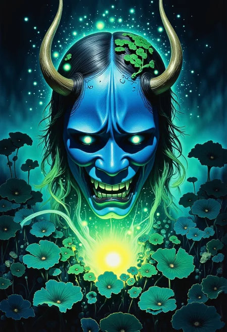 Studio Ghibli Dark Fairytale depicting a cursed hannya mask with horns and fangs blooming out of a blue lotus in a liminal bonsai garden with eerie radiating cyan and green miasma