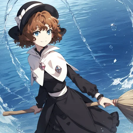 anime coloring, score_9, score_8_up, score_7_up, score_6_up, mallybath blackbell, toaru, 1girl, solo, hat, short hair, blue eyes, broom, brown hair, dress, smile, black headwear, jewelry, black dress, bow, capelet
