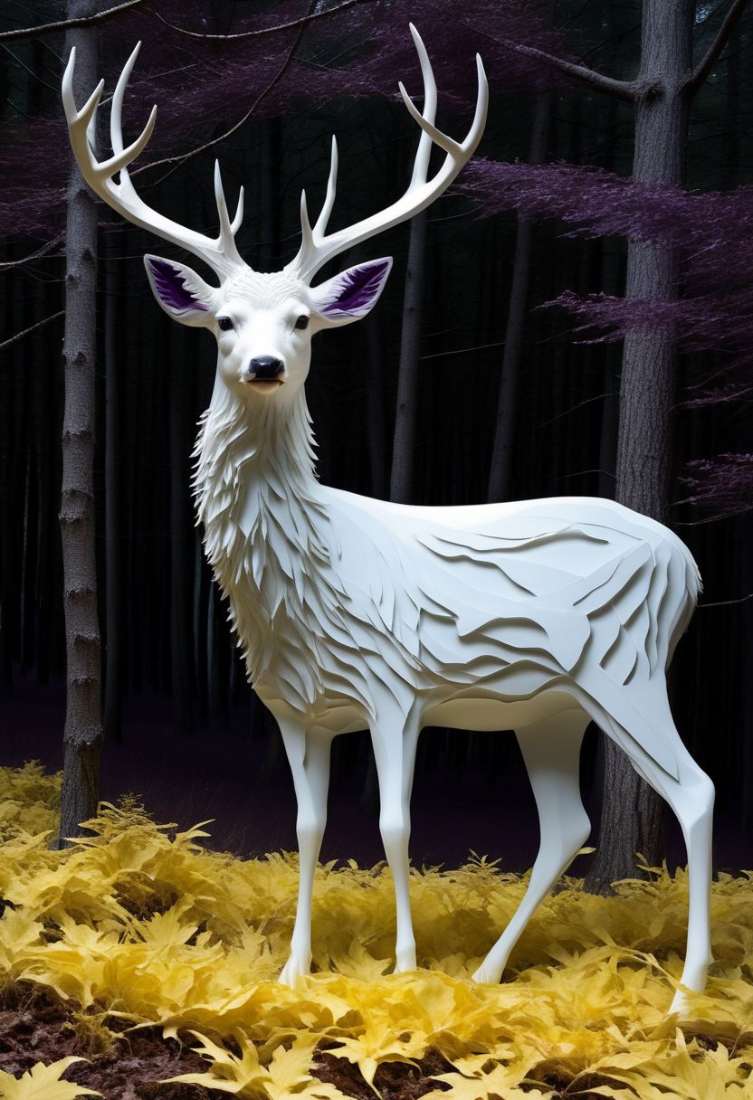 layered papercut, mysterious magestic white deer, on a papercut forrest floor trail, papercut deer with big antlers, fading backlit background, (svannah fading white/yellow to deep purple), by Minjae Lee, Carne Griffiths, Emily Kell, Steve McCurry, Geoffroy Thoorens, Aaron Horkey, Jordan Grimmer, Greg Rutkowski, amazing depth, double exposure, surreal, geometric patterns, intricately detailed, bokeh,  perfect balanced, deep fine borders, artistic photorealism , smooth,  great masterwork by Suiras  <lora:add-detail-xl:2>  <lora:Double_Exposure:0.5>