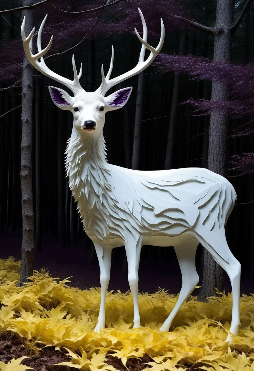 layered papercut, mysterious magestic white deer, on a papercut forrest floor trail, papercut deer with big antlers, fading backlit background, (svannah fading white/yellow to deep purple), by Minjae Lee, Carne Griffiths, Emily Kell, Steve McCurry, Geoffroy Thoorens, Aaron Horkey, Jordan Grimmer, Greg Rutkowski, amazing depth, double exposure, surreal, geometric patterns, intricately detailed, bokeh, perfect balanced, deep fine borders, artistic photorealism , smooth, great masterwork by Suiras <lora:add-detail-xl:2> <lora:Double_Exposure:0.5>