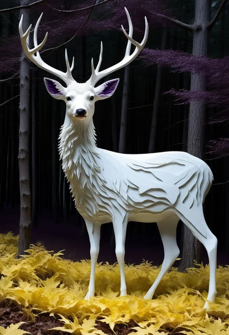 layered papercut, mysterious magestic white deer, on a papercut forrest floor trail, papercut deer with big antlers, fading backlit background, (svannah fading white/yellow to deep purple), by Minjae Lee, Carne Griffiths, Emily Kell, Steve McCurry, Geoffroy Thoorens, Aaron Horkey, Jordan Grimmer, Greg Rutkowski, amazing depth, double exposure, surreal, geometric patterns, intricately detailed, bokeh, perfect balanced, deep fine borders, artistic photorealism , smooth, great masterwork by Suiras <lora:add-detail-xl:2> <lora:Double_Exposure:0.5>