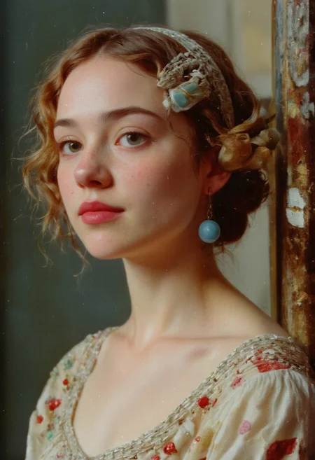 Busty, Realistic analog photo, awesome, high Quality, photorealistic, atmospheric lighting, volumetric lighting, cinematic, Epic Film Quality, OUtlaw Flair, space cowboy, blushed smiling, large bleaked marine-blue translucent sphere pearl earrings, realistic detailed skin, highly volumetric lighting, Cleavage, Feudal neo Tokyo in the Fantasy style of Jan Vermeer, ethereal charming wired princess Cyborg Samurai extreme intricate technical parts Face Closeup, wires and cables AS well as translucent Vintage mechanical robotic hoses, vibrant bleaked Red/grey and deep black color graded, Long blonde billowing hair, throwing kiss, Hairband,