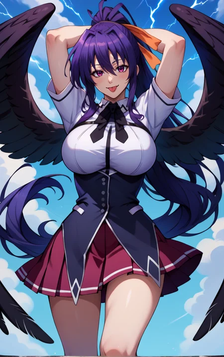 score_9, score_8_up, score_7_up, score_9, source_anime, BREAK <lora:akenohimejimadxd:1> akenohimejimaSDXL, 1girl, solo, long hair, breasts, looking at viewer, smile, skirt, large breasts, black hair, ribbon, hair between eyes, very long hair, school uniform, purple eyes, hair ribbon, ponytail, pleated skirt, wings, tongue, socks, tongue out, arms up, feathered wings, black wings, :q, lightning, himejima akeno