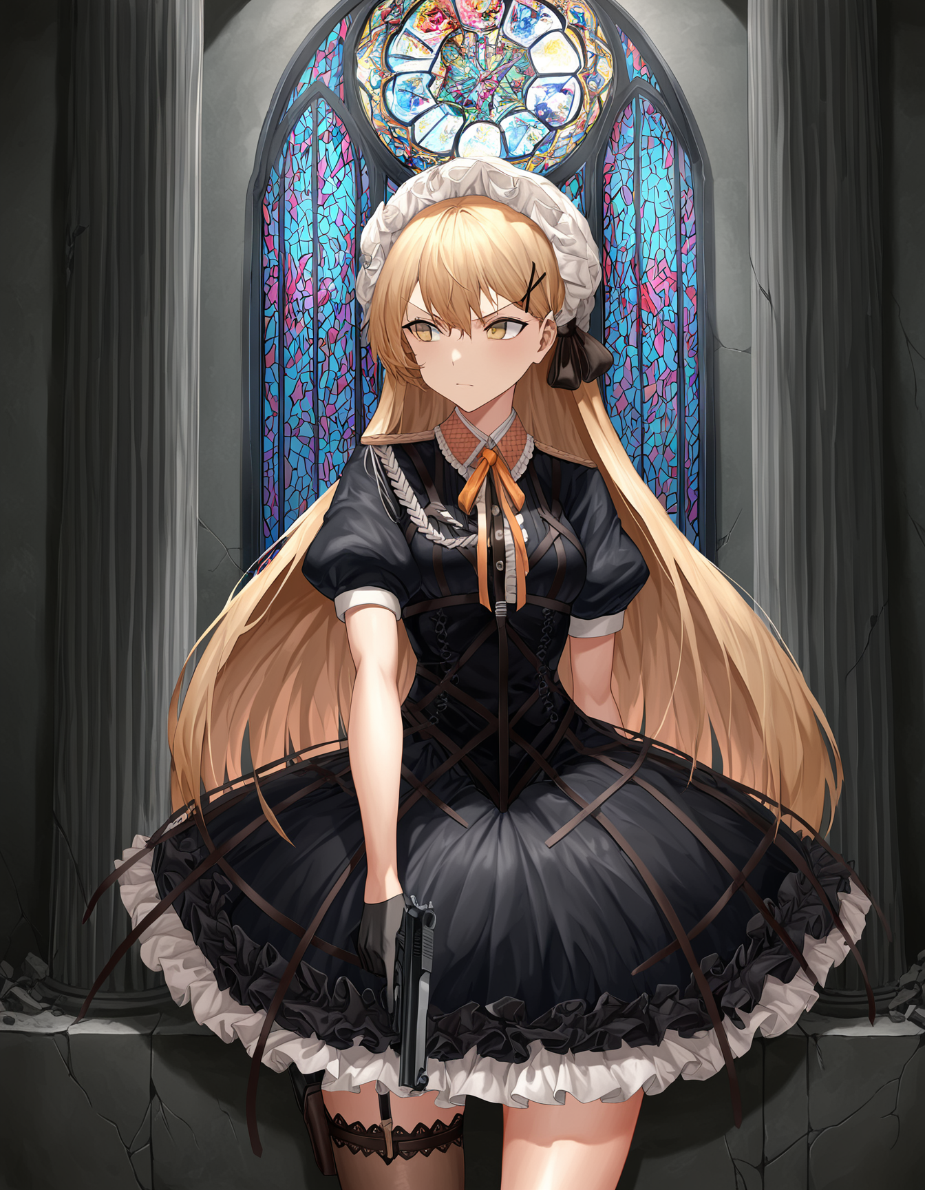 masterpiece, best quality, absurdres, oil painting \(medium\), shadow,  ppk \(girls' frontline\), pillar, ruins, stained glass, cowboy shot, holding gun, handgun, walther ppk, against wall, looking to the side, black gloves, v-shaped eyebrows, single thighhigh, aiguillette, center frills
