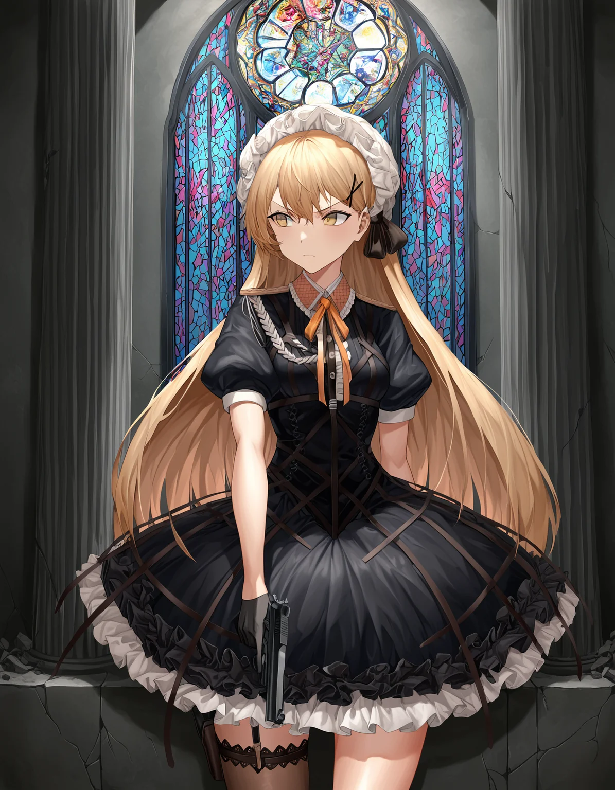 masterpiece, best quality, absurdres, oil painting \(medium\), shadow,  ppk \(girls' frontline\), pillar, ruins, stained glass, cowboy shot, holding gun, handgun, walther ppk, against wall, looking to the side, black gloves, v-shaped eyebrows, single thighhigh, aiguillette, center frills