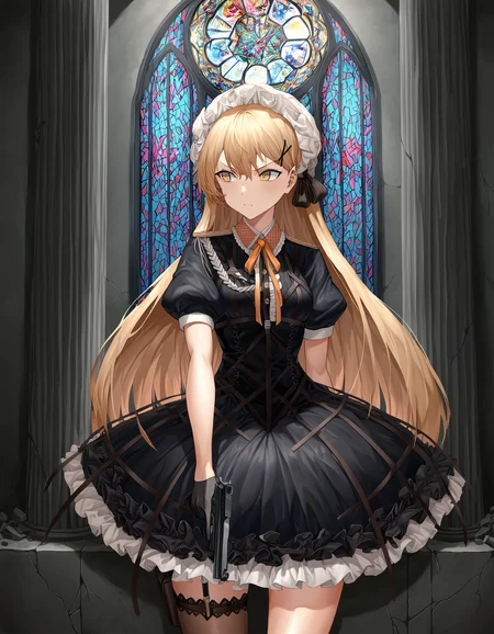 masterpiece, best quality, absurdres, oil painting \(medium\), shadow, ppk \(girls' frontline\), pillar, ruins, stained glass, cowboy shot, holding gun, handgun, walther ppk, against wall, looking to the side, black gloves, v-shaped eyebrows, single thighhigh, aiguillette, center frills