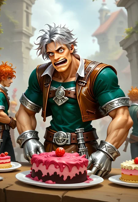 score_9, score_8_up, score_7_up, raymanstyle,, male focus, toned male, natgra2, gray eyes, short hair, silver hair, steel greaves, plated footwear, brown skirt, black pants, green shirt, brown leather vest, silver belts, white gloves, silver chest plate, surprised expression, eating cake, (messy:2)