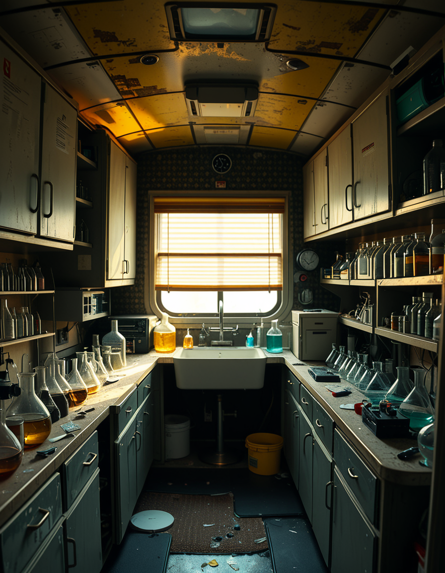 The interior of an old RV converted into a clandestine drug laboratory, inspired by the TV series Breaking Bad. The space is cramped and messy, filled with scientific equipment, glass beakers, flasks, burners, chemical containers, and lab tools scattered around. The walls are aged and stained, with peeling wallpaper and old metallic cabinets. A small sink area is cluttered with dirty lab glassware. The lighting is dim and tinted yellow, with sunlight barely filtering through dusty blinds. The floor is grimy, with a mix of rubber mats and worn carpet. The overall atmosphere is tense and gritty, capturing a sense of secrecy and danger. Hyper-realistic style, cinematic composition, rich in textures and shadows.
<lora:SDXLFaeTastic2400:0.4> <lora:extremely_detailed:0.4> extremely detailed,<lora:old_RV_drug_l4b0r4t0ry:1>,old RV drug l4b0r4t0ry, Masterpiece,best quality,hi res,8k,hi res,8k,award winning,(sharp focus, intricate, highly detailed),