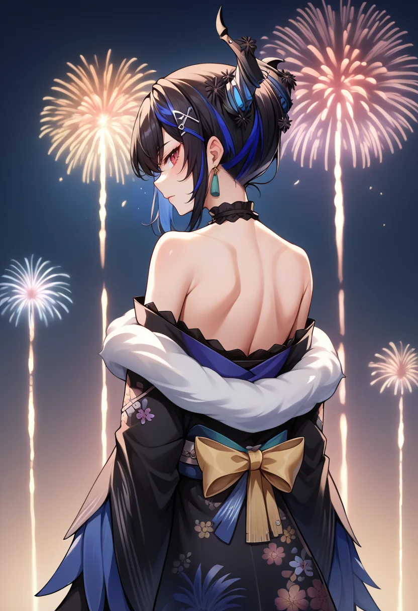 score_9, score_8_up, score_7_up, source_anime, 1girl, solo, NerissaNewYears, streaked hair, black hair, blue hair, red eyes, slit pupils, uneven horns, hair bun, hair flowers, hairclip, tassel earrings, frilled choker, black kimono, feather-trimmed kimono, floral print, white fur scarf, black lace gloves, off shoulder, bare shoulders, fireworks, shoulder blades, <lora:ChamNerissaRavencroftPonyXL:1>