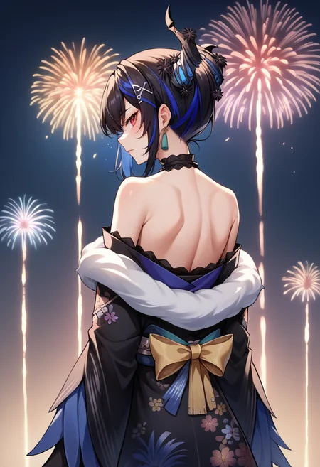 score_9, score_8_up, score_7_up, source_anime, 1girl, solo, NerissaNewYears, streaked hair, black hair, blue hair, red eyes, slit pupils, uneven horns, hair bun, hair flowers, hairclip, tassel earrings, frilled choker, black kimono, feather-trimmed kimono, floral print, white fur scarf, black lace gloves, off shoulder, bare shoulders, fireworks, shoulder blades, <lora:ChamNerissaRavencroftPonyXL:1>
