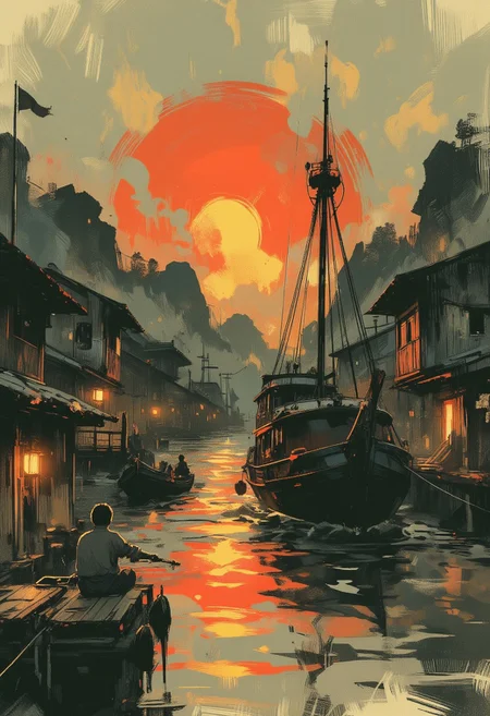 OBxiaoxiang, Special Ink-drawing mode, Mh1$AgThS2, intricate linework with expressive contrasts, inksketch of a Chinese Junk sailing into a south-east asian medieval harbour, sunset