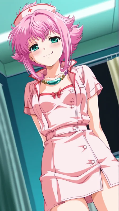 source_anime, genral, best quality, masterpiece, 1girl, <lora:Mer_Bitter_ill_v1.0:1> mer_bitter\(srw\),green eyes, pink hair,flipped hair,short hair, necklace, jewelry, nurse, smug, (embarrassed:0.8), dynamic pose, dutch angle, cowboy shot,