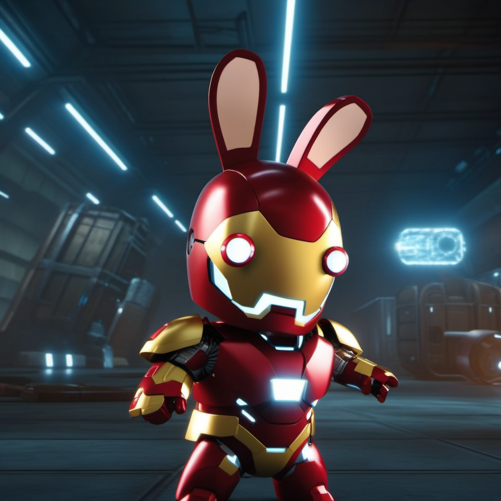 LapinsCrétins1024, a  rabbit as ironman, cyberpunk ,highly detailed, attack on titan, photography, ultra sharp, film, professional, 64k  <lora:LapinsCrétins1024:0.8>