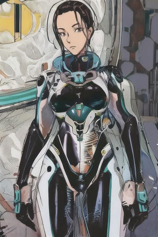 2d artwork, line artwork, comic aesthetics, 1girl, gorgeous, spacesuit mech, looking at viewer, surreal, breathtaking high-tech hardware background, line noise, ancient, retrofuturism, old comic paper, 1girl, beautiful face, spacesuit mech, short hair, red eyes, black epi-space-suit mech, earth, universe
