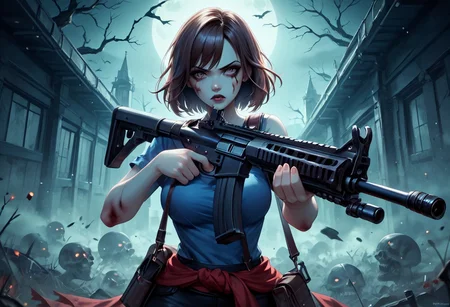 masterpiece, best quality, highres, realistic, best quality, zPDXL2,
score_9, score_8_up, score_7_up, Expressiveh,
BREAK,
((undead ghouls in background, aiming assault rifle at viewer)), zombies, hoards, <lora:REJill:1.5>, JillRE3, brown hair, (blue tube top), bob cut, short hair, suspenders, pencil skirt, clothes around waist, boots, slim waist, curvy body, cute, close-up, amazing, very aesthetic, pretty girl, determined, fierce, assault rifle, beaten, blooded, ripped clothes,
BREAK,
(portrait photography:0.7), dark background, post-apocalyptic background, dark light, shallow depth of field, photographed on a Sony a9 II, 50mm wide angle lens, sharp focus, backlit, urban midnight, (dramatic lighting), horror scene, horror theme, dark theme, night time,