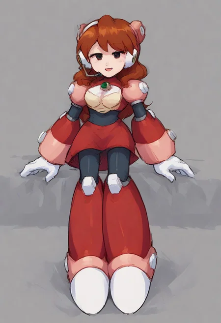 megamanreploid, android, gloves, armor, bodysuit, robot ears, headset, white gloves, Alia's bodysuit, red dress, mecha dress, armored dress, GF FNF, HD Quality, FHD quality