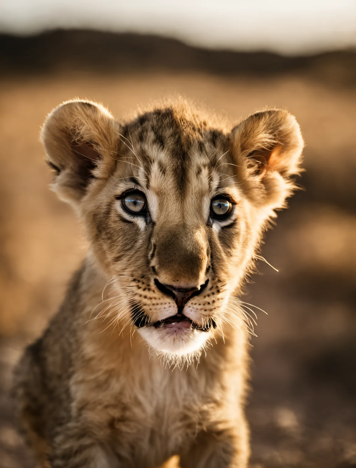 National Geographic award winner photo a cute baby lion, newborn lion, RAW photo, closeup, baby lion, detailed eyes, melancholic eyes, infant lion showing the tong tip, Fuji X-T3, high quality, film photography, golden-hour
