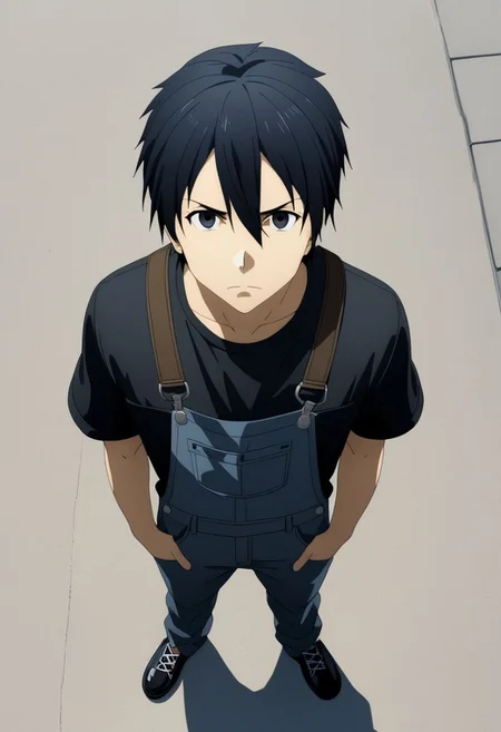 high resolution, professional photography, best quality, 1Boy, Kirigaya Kazuto, Black Hair, Black Eyes, overalldetail, standing, straight facing upwards, casual, seen from above, arrogant face, dominant, intimidate