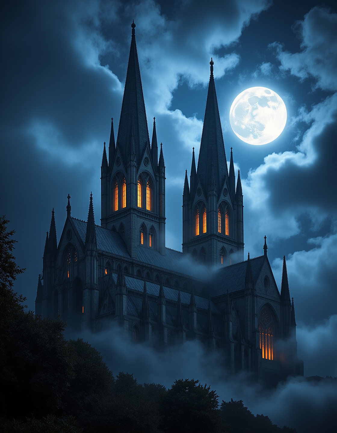 Imagine an image of a gothic cathedral, its towering spires shrouded in swirling mist under a full moon.