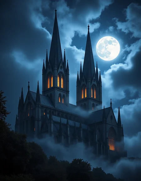 Imagine an image of a gothic cathedral, its towering spires shrouded in swirling mist under a full moon.