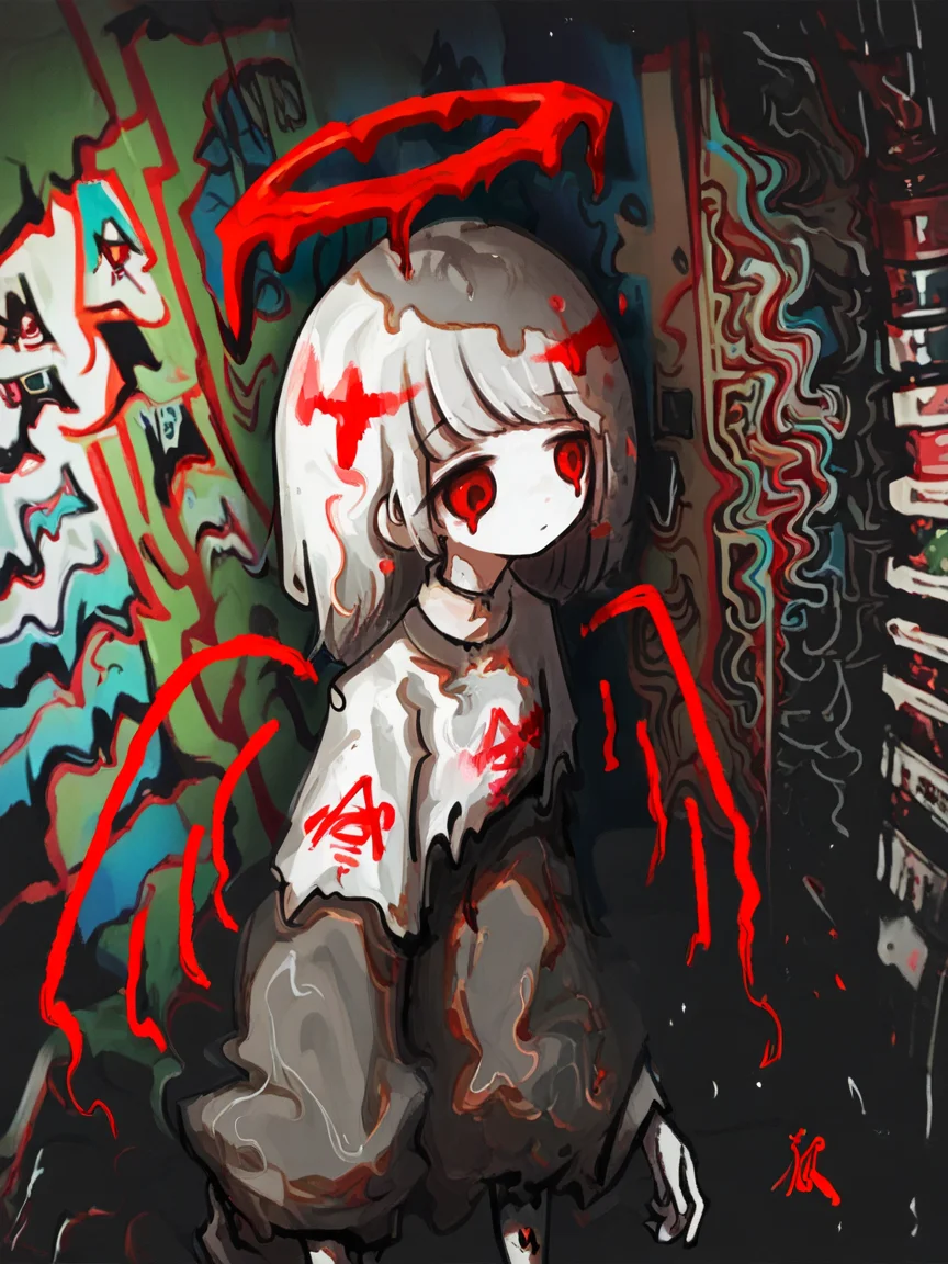 score_9, score_8_up, score_7_up, score_6_up, score_5_up, <lora:UmaiXLP:1> umai, spot color, abstract, red eyes, halo, 1girl