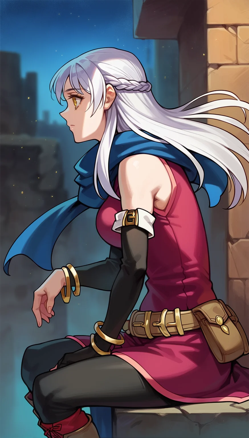 score_9,score_8_up,score_7_up,
highres,highly detailed,
<lora:micaiah:0.9>,
micaiahfe,
1girl,solo,
white hair,long hair,bangs,
yellow eyes,looking to the side,
blue scarf,purple sleeveless tunic,black detached sleeves,gold bracelet,red ribbon,brown leather belt,belt pouch,
black pantyhose,brown knee boots,
full body,sitting,from side,
blurry background,outdoors,night,(bloom:1.1),(light particles:1.1),starry sky,rubble_ruins,