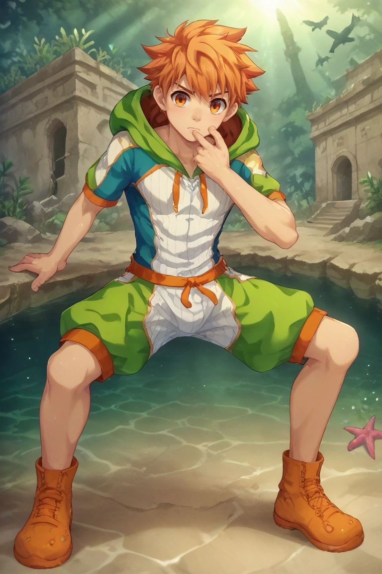 score_9, score_8_up, score_7_up, , rating_safe, intricate details, semi-realistic, , depth of field, 1boy, solo, male focus, <lora:jirou_camp_buddy_pony:1>, jirou_camp_buddy, orange hair, orange eyes, , underwater ruins, coral growth, schools of fish, ancient statues, swimming pose, curious expression, filtered light, male Ageless Slender, Gypsies, Turquoise eyes, Bulbous Nose, Soft Jaw, Asymmetrical Cheeks, , Honey Blonde Low fade hair, Puzzlement, wearing Harlequin Amber Chiffon Cropped chinos, Track sweatshirt, Hiking boots, ,, Hands on chin, deep in contemplation, <lora:sdxl_lightning_8step_lora:1>