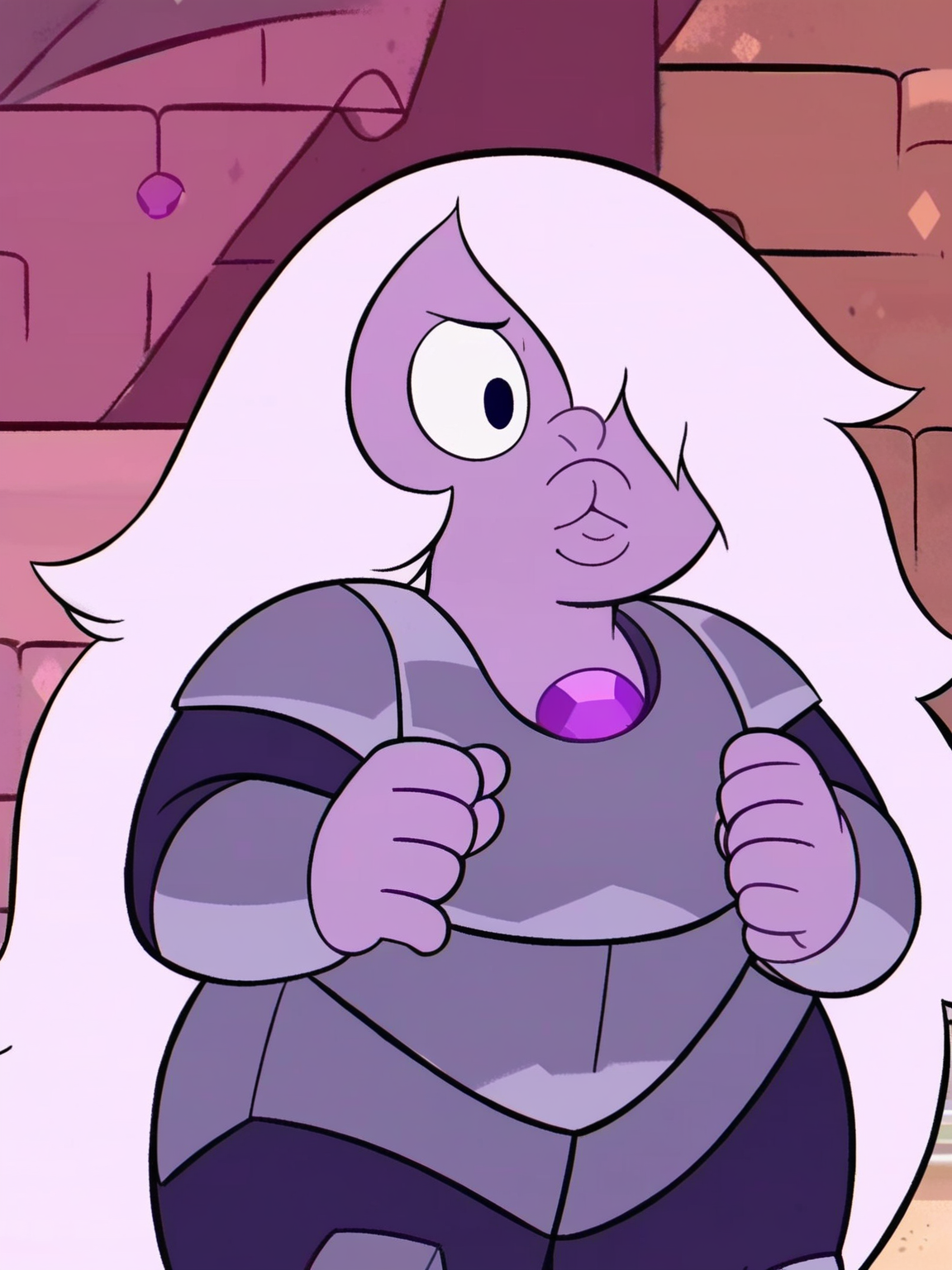 <lora:Amethyst:0.9> a_tst, 1girl, bright lilac skin, long messy hair, pale lavender hair, black eyes, band obscured eye, plump lips, small upturned nose, gemstone on chest,
((steel knight armor)), castle background, hips, score_9, score_8_up, score_7_up,