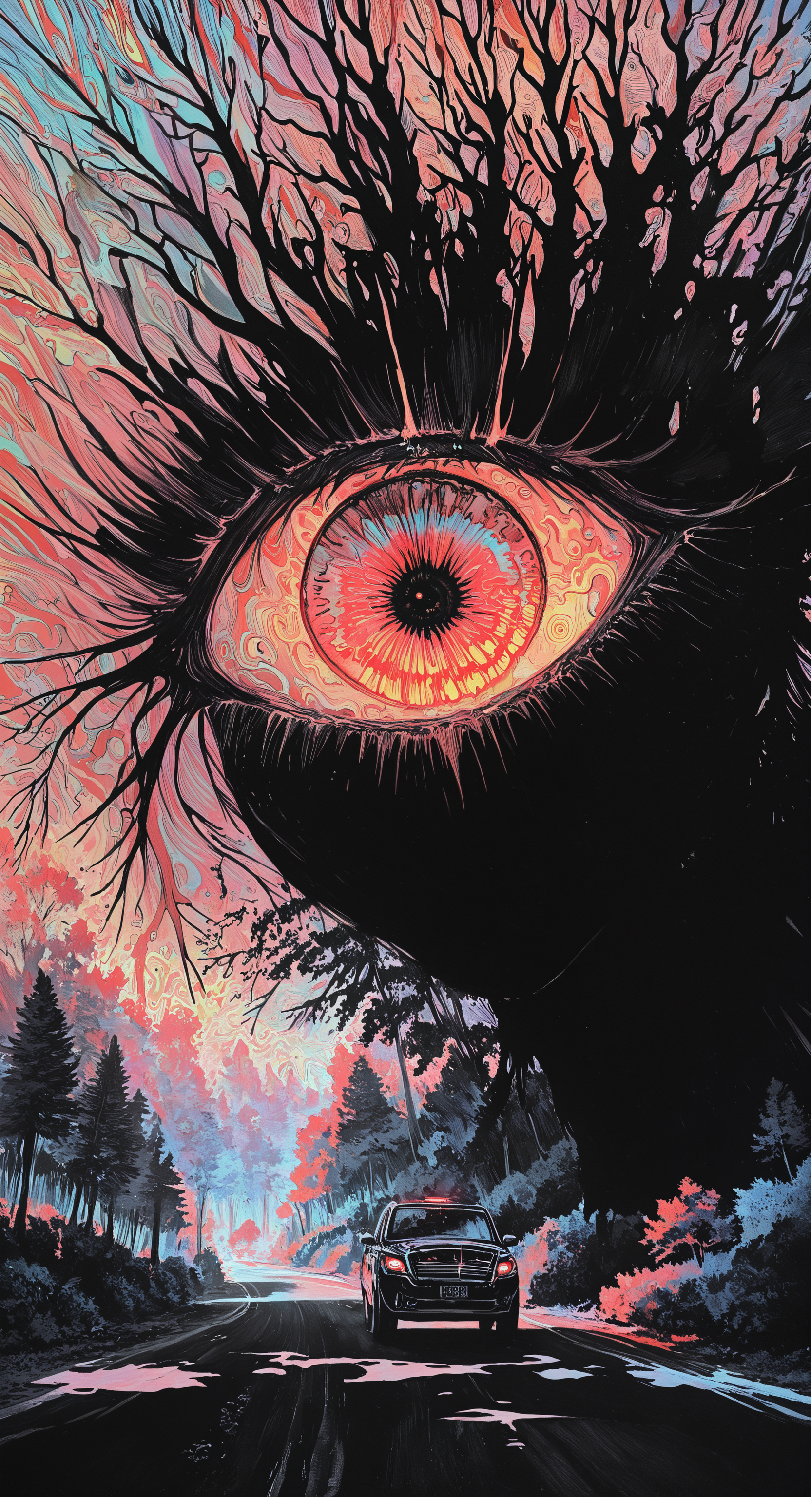 masterpiece, best quality, good quality, very awa, newest, highres, absurdres,  outdoors,tree, no humans, shadow, traditional media, scenery, nature, motor vehicle, forest, bubble, car, road, one-eyed, horror \(theme\), eye focus, ink \(medium\),
(looking down:1.2), limited palette, sketch, glowing, psychedelic, <lora:illustriousXL_stabilizer_v1.23:0.3> <lora:NOOB_vp1_detailer_by_volnovik_v1:0.3> <lora:ponyv6_noobE11_2_adamW-000017:0.3> <lora:114558v4df2fsdf5:0.7> <lora:mon_monmon2133:0.8>