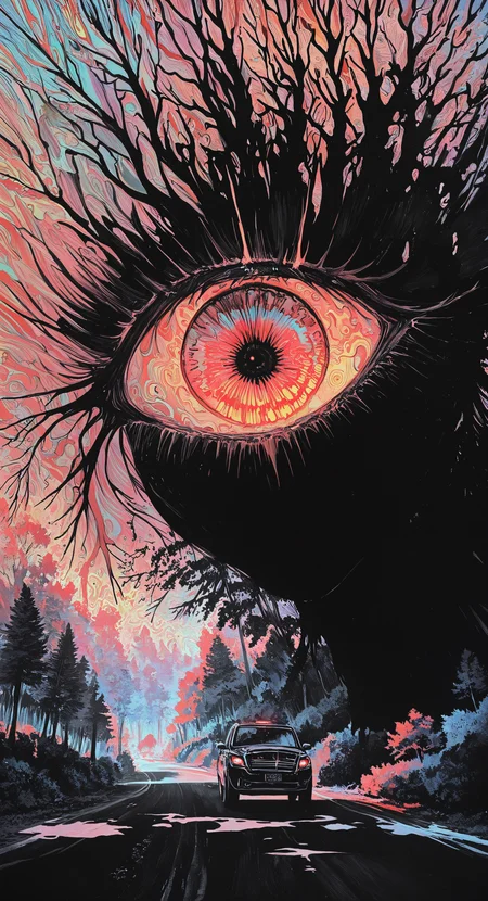 masterpiece, best quality, good quality, very awa, newest, highres, absurdres, outdoors,tree, no humans, shadow, traditional media, scenery, nature, motor vehicle, forest, bubble, car, road, one-eyed, horror \(theme\), eye focus, ink \(medium\),
(looking down:1.2), limited palette, sketch, glowing, psychedelic, <lora:illustriousXL_stabilizer_v1.23:0.3> <lora:NOOB_vp1_detailer_by_volnovik_v1:0.3> <lora:ponyv6_noobE11_2_adamW-000017:0.3> <lora:114558v4df2fsdf5:0.7> <lora:mon_monmon2133:0.8>