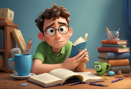 Create an illustration about the lives of everyday household items, where a book, a pen, and a cup embark on their own adventures, coming to life in a Pixar-esque cartoon style.