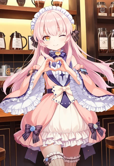 1girl, solo, little girl, heart hands, <lora:eksistere_ill_v1:1>, eksistere, long hair, pink hair, frill headdress, one eye closed, yellow blue heterochromia, pink dress, white skirt, frill thighhighs, vertical stripes, black string from skirt, wide sleeves, bare shoulders, striped bow, yellow blue rose, white bow, smile, indoors, coffee lounge,
extremely detailed cg, amazing quality, very aesthetic, absurdres, newest,