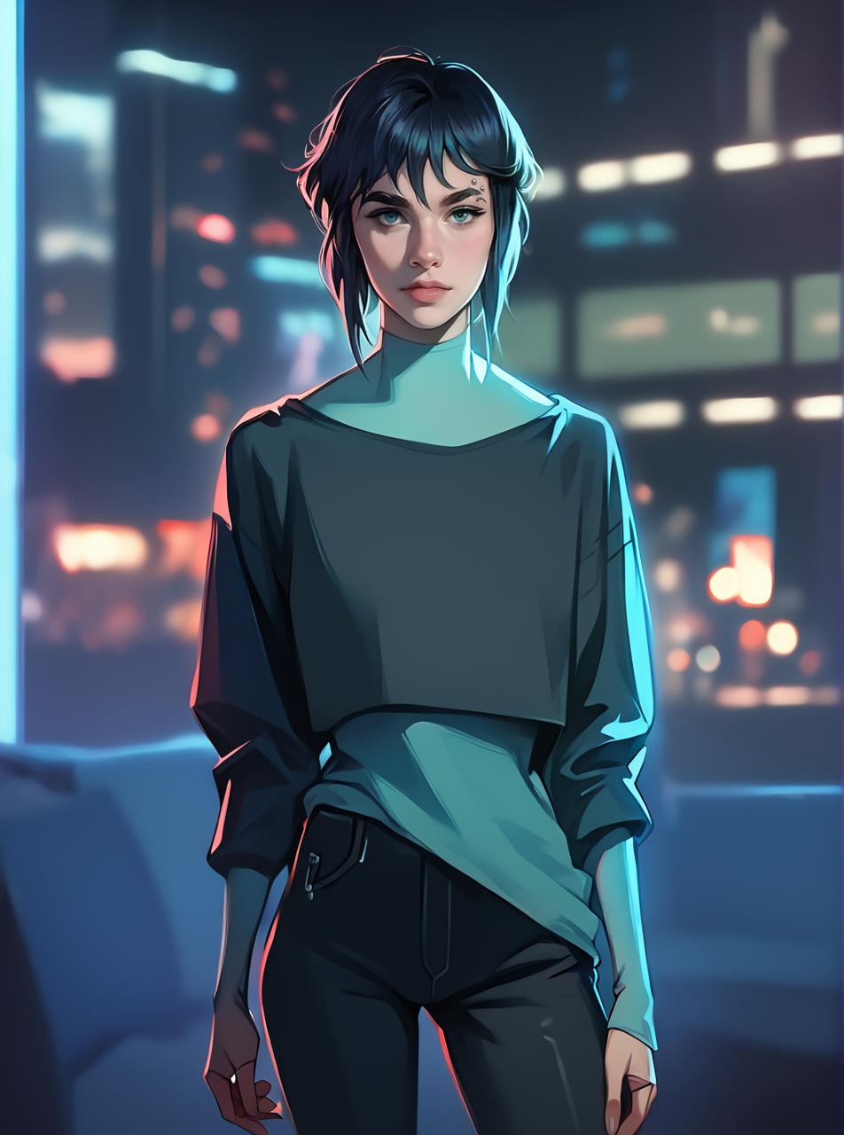 score_9, score_8_up, score_7_up, 1girl, looking at viewer, standing in font of a cyberpunk city, hi-tech, <lora:laurielpxl:0.9>, laurielpxl, photorealistic, best quality, depth of field, eyebrow piercing, outfit, dark top, teal undershirt, black pants, short hair, layered clothes