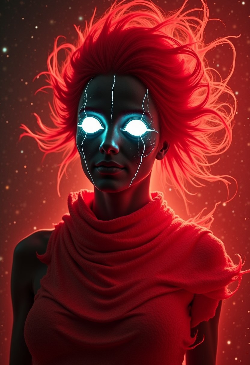m100-style, analog photo of a freckled Woman coming her billowing Hair, glowing White eyes, Face lines, billowing hair, cyclops, ethereal transparent Red aura