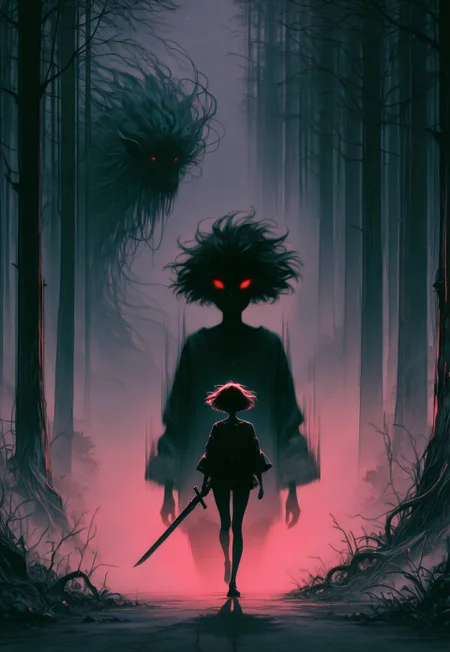 masterpiece, best quality, amazing quality, very aesthetic, absurdres, newest, OTZZK, Studio Ghibli Dark Fairytale,
BREAK,
1girl, black bangs, short hair, ground fog, (motion blur:1.5), micro skirt, oversized shirt, running, shadow monster, face focus, floating hair, shadow tendrils, glowing red eyes, holding massive sword,
BREAK, night, soft moonlight, outdoors, forest, haunted forest, rolling fog, mysterious, spooky, eerie, dramatic shadows, red and black background theme, dramatic lighting, detailed background, deep contrast, limited color palette, high contrast black, dramatic composition,