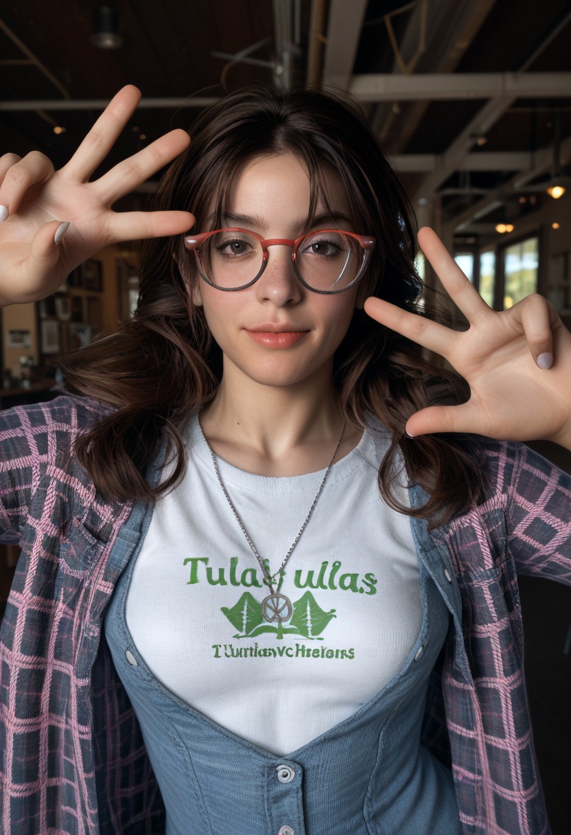 score_9, score_8_up, score_7_up Julia Chang glasses posing doing a peace sign