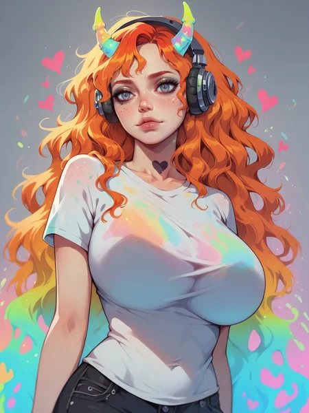 score_9, score_8_up, score_7_up, score_6_up, score_5_up, solo, (colorful:1), 1girl, thermal, orange, green, yellow, blue, ginger hair, freckles, (glowing), closed mouth, headphones, horns, goth, <lora:th3rm4lXLP:1> th3rm4l, blue|grey eyes, iridescent, t-shirt, massive breasts, very long hair, wavy hair, slime, hearts
