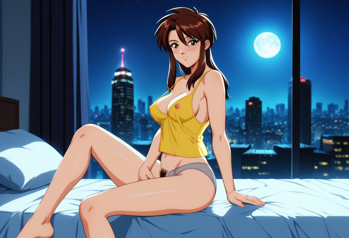 score_9, score_8_up, score_7_up, score_6_up, rating_explicit, contrast of cool dark background with warm bright foreground, full color, night, city light, volumetric moonlight, depth of field
neo-tokyo Aesthetic, modern bedroom Aesthetic, Blurry Background, cyber city view, stary night, full moon, light rays, beautiful natural lighting, glow, light,
<lora:Priss Asagiri _ Bubblegum Crisis Tokyo 2040_epoch_10:1>, Priss, sidelocks, retro artstyle, oversize yellow tank top, open shirt, grey underwear,
{petite body, athletic body, medium breasts, perfect round firm tits, medium round perfect tits, (medium Breasts:0.8), long legs, perfect anatomy, perfect face, perfect nose, detailed eyes, beautiful eyes, perfect eyes, perfect breasts, anatomically correct hands:1.3},
cute, side view, from side,
sitting in bed, posing, nipple slip, exposed breast, 1breast out of shirt, see through panties, (pubic hair:1.3), white pillows, white sheets, Tokyo cityscape, city lights, nsfw, (masturbating:1.3), fingers in pussy,