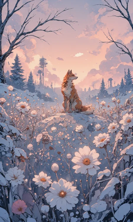 Ethereal frost-kissed meadow at dawn, delicate ice crystals adorning silver-tinged grass blades and frozen wildflowers. Soft pink and lavender sky, misty tendrils weaving through frosted flora. Glistening dew drops catching first light, creating a sparkling wonderland. Lone fox, russet fur contrasting against icy landscape, leaving intricate paw prints. Hoarfrost-covered trees in background, branches etched in white. Macro details of frozen flower petals and seed heads. Crisp winter air visible in subtle vapor. Hyper-realistic oil painting style, emphasis on light refraction and icy textures. 8K resolution, masterpiece quality, exquisite detailing of frozen botanical forms. <lora:Organic Sauce - FLUX:0.4> <lora:FluxMythG0thicL1nes:0.6> <lora:Comic book opus 3:0.7> <lora:Let_It_Blaze_in_Crimson_anime_v1.0:0.7> <lora:aidmaMJ6.1-FLUX-v0.4:0.9> <lora:flux_dev:1>