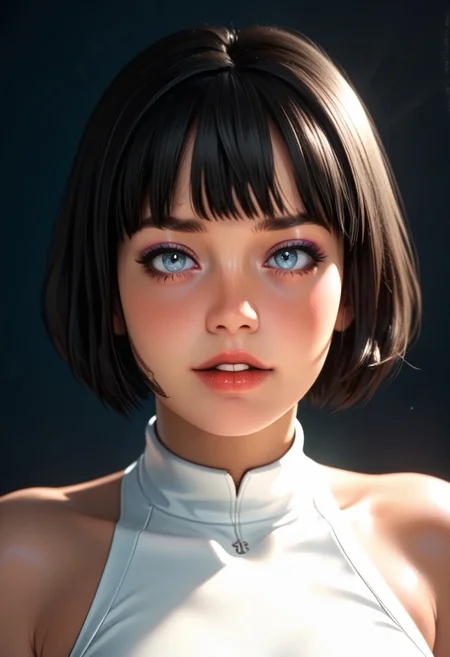 score_9, score_8_up, score_7_up, high resolution, best quality, HD, 4k,
cowbody shot,
Neva, Virtuallust, female, 1girl, black hair, medium hair, bangs, bob cut, blue eyes, eye shadow, shiny skin, black choker,
white bodysuit, white leotard, navel, boob window, breast window, chest window, sling dress, white fingerless gloves, white knee boots,