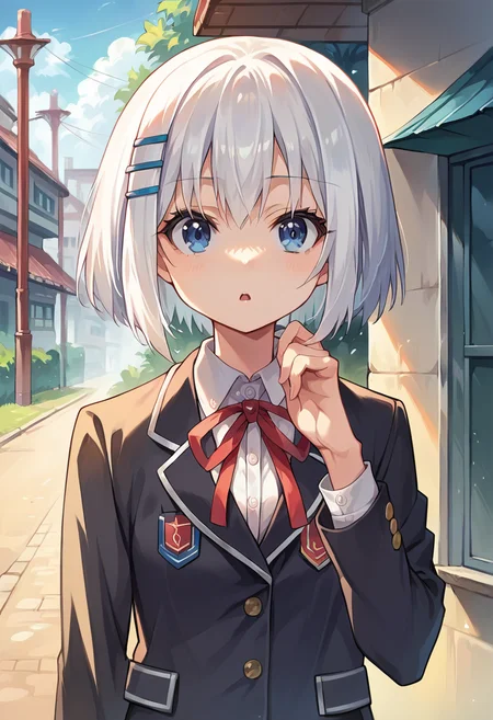 score_9, score_8_up, score_7_up, source_anime, masterpiece, 1girl, ctiantobii, blazer, school uniform, neck ribbon, pleated skirt, dress shirt, looking at viewer, outdoors, portrait, hand up, chestnut mouth, <lora:Origami_Tobiicchi_pony_ct:0.8>,