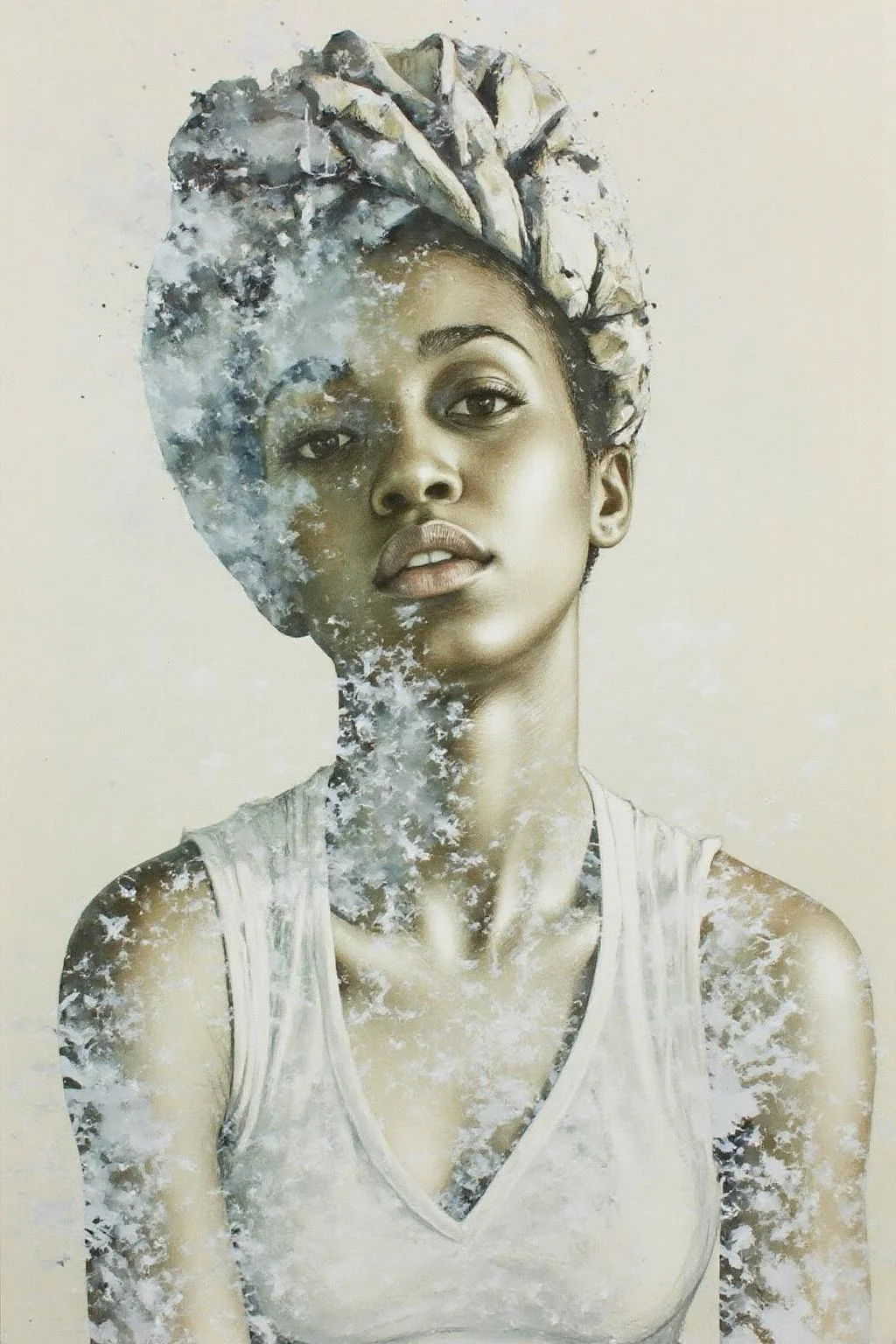 Portrait painting.
An African American woman wearing a headscarf, with a blend of dark and light tones creating a textured effect. Her face and body blend seamlessly with splashes of paint and smoke. <lora:doubleexpopainting1_cap_d6a3e13:1.0><lora:850319316673948396:0>