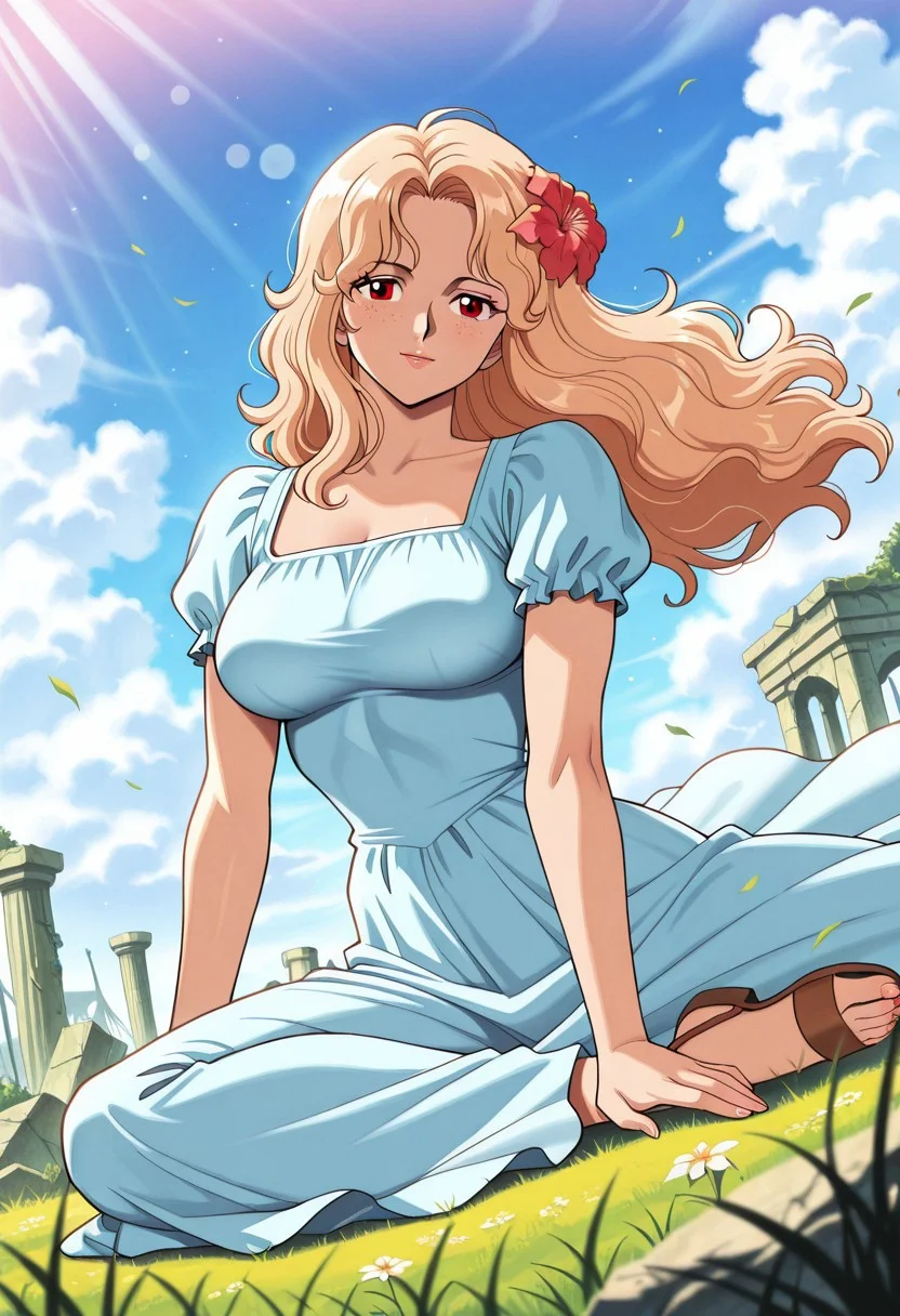 PortgasDRougeOP, 1 girl, solo, long hair, wavy hair, pink-blonde hair, flower, hair flower, brown eyes, lips, large breast, dress, long dress, short sleeves, freckles, puffy sleeves, hibiscus, sandals, light blue dress,
,seductive pose, sexy pose, tease,
masterpiece, best quality, fine details, intricate details, depth of field, subsurface scattering, bokeh,
ultra-detailed, very aesthetic, detailed background, newest, scenery, highres, absurdres, colorful, vibrant, glowing, perfect face, 2d, perfect eyes, vibrant saturated colors, volumetric lighting, sharp, detailed eyes, perfect anatomy, perfect face, perfect eyes, mature body, clear eyes, beautiful eyes, athletic, curvy body, athletic girl, perky tits, perfect tits, round breasts, pinup pose, teasing, lustful expression, perfect hands,
muscular female, dutch angle,
flexible, action angle,floating hair, floating clothes, outdoors, sitting, stone, ruins, blue sky, cloud, grass,
,Smooth Negative, Smooth_Quality,
90s_anime_aesthetic, 1990s (style), retro, retro artstyle,dark_fantasy_style, dark fantasy, retro,