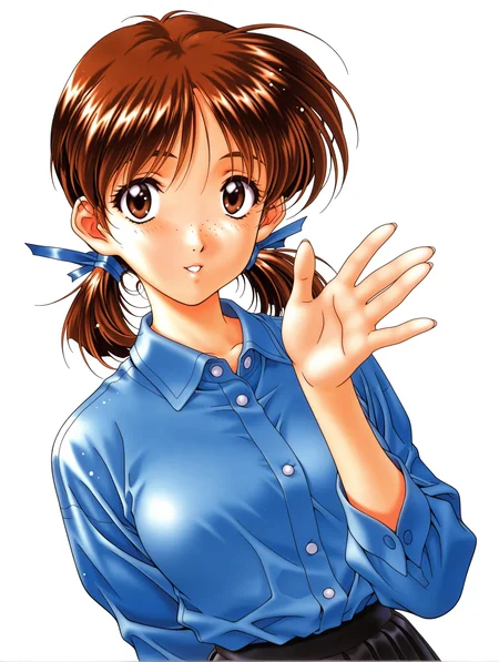 masterpiece,best quality,newest,
1girl,solo,
1990s \(style\),retro artstyle,<lora:adachi_taeko_ilxl_v1.0:1>,a_taeko,brown hair,brown eyes,freckles,hair bow,low twintails,
dress shirt,blue shirt,long sleeves,black skirt,miniskirt,pleated skirt,
<lora:Fixhands_anime_bdsqlsz_V1:1>,parted lips,upper_body,portrait,white_background,simple_background,standing,hand up,waving,:d,looking_at_viewer,