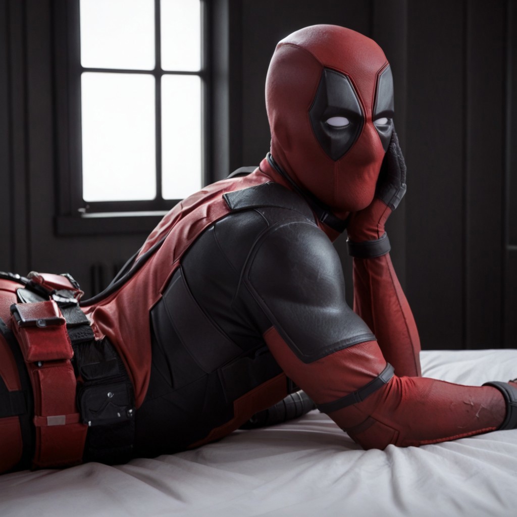 1boy, Deadpool, bodysuit, mask, laying in bed, looking at viewer, big ass, muscular, window, sunlight, dark room, high detail