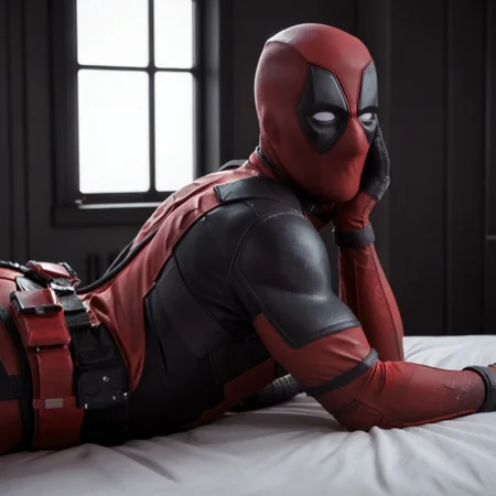 1boy, Deadpool, bodysuit, mask, laying in bed, looking at viewer, big ass, muscular, window, sunlight, dark room, high detail