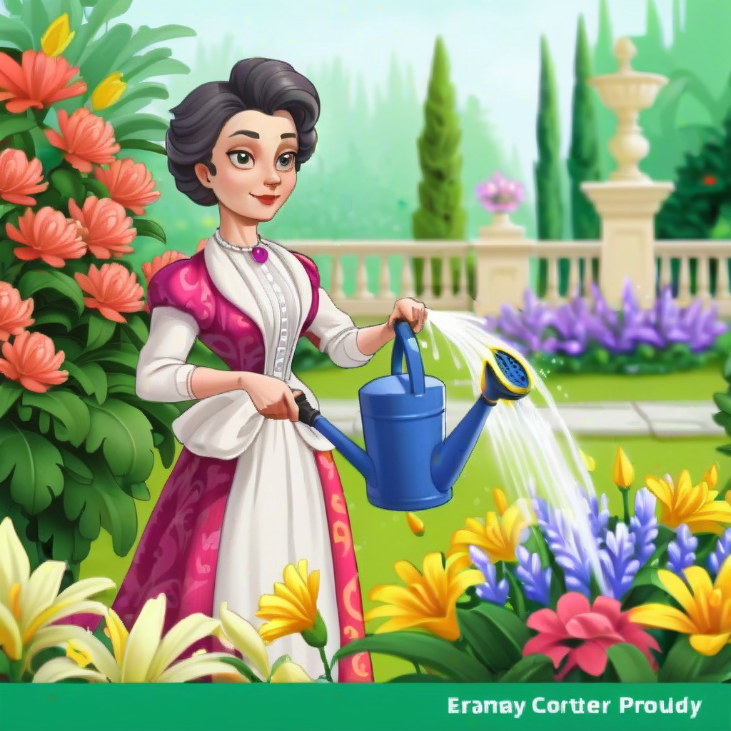 Generate a cartoon-style image of a wealthy lady watering flowers in a garden. Focus on the lady herself, with a close-up highlighting her features and elegant attire. The background should show a vibrant garden with blooming flowers <lora:FakeMobileGame:0.9>