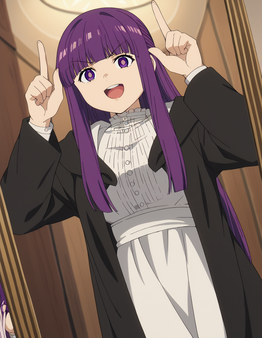 score_9, score_8_up, score_7_up, source_anime, <lora:fern-s1-v2-ponyxl-lora-nochekaiser:1>, fern, long hair, bangs, purple eyes, purple hair, sidelocks, blunt bangs, bright pupils, half updo, large breasts, anime screencap, long sleeves, dress, white dress, long dress, robe, black robe,, fitting room, mirror, clothes, privacy, store, smile, <lora:horns-pose-ponyxl-lora-nochekaiser:1>, horns pose, index fingers raised, angry, steam, open mouth, shouting, anger vein,, looking at viewer, solo,, dutch angle, cowboy shot