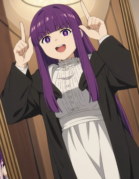 score_9, score_8_up, score_7_up, source_anime, <lora:fern-s1-v2-ponyxl-lora-nochekaiser:1>, fern, long hair, bangs, purple eyes, purple hair, sidelocks, blunt bangs, bright pupils, half updo, large breasts, anime screencap, long sleeves, dress, white dress, long dress, robe, black robe,, fitting room, mirror, clothes, privacy, store, smile, <lora:horns-pose-ponyxl-lora-nochekaiser:1>, horns pose, index fingers raised, angry, steam, open mouth, shouting, anger vein,, looking at viewer, solo,, dutch angle, cowboy shot