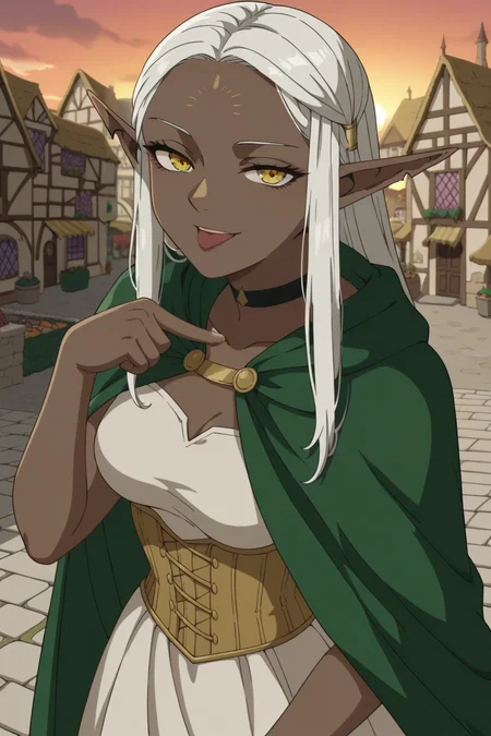 score_9, score_8_up, score_7_up, source_anime, 1girl, prefect lighting, very aesthetic, intricate details, highly detailed background, masterpiece, high quality, prefect hands, best quality, solo,
<lora:Cithis_Dungeon_Meshi_V3:.75>, gold eyes, dark elf, pointy ears, elf, forehead mark, dark skin, white hair, long hair, half-closed eyes, notched ear,
front view, white dress, long white dress, bare shoulders, gold corset, green cape, cape strap,
From above, pointing at self,  seductive smile, smirk, open mouth, tongue out,  looking at viewer,
medieval, town, stone road, storefront, vendor stalls, market, sunset, clouds,
(Beautiful, medium Breasts:1.2), natural breasts,